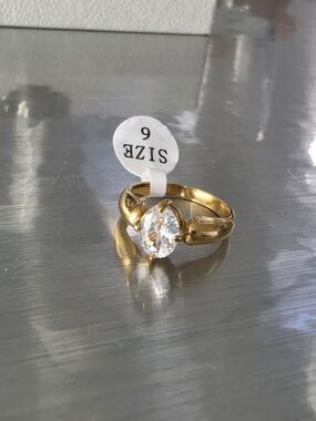 Gold Solitaire Marquise Ring with Clear Stone - Size 6